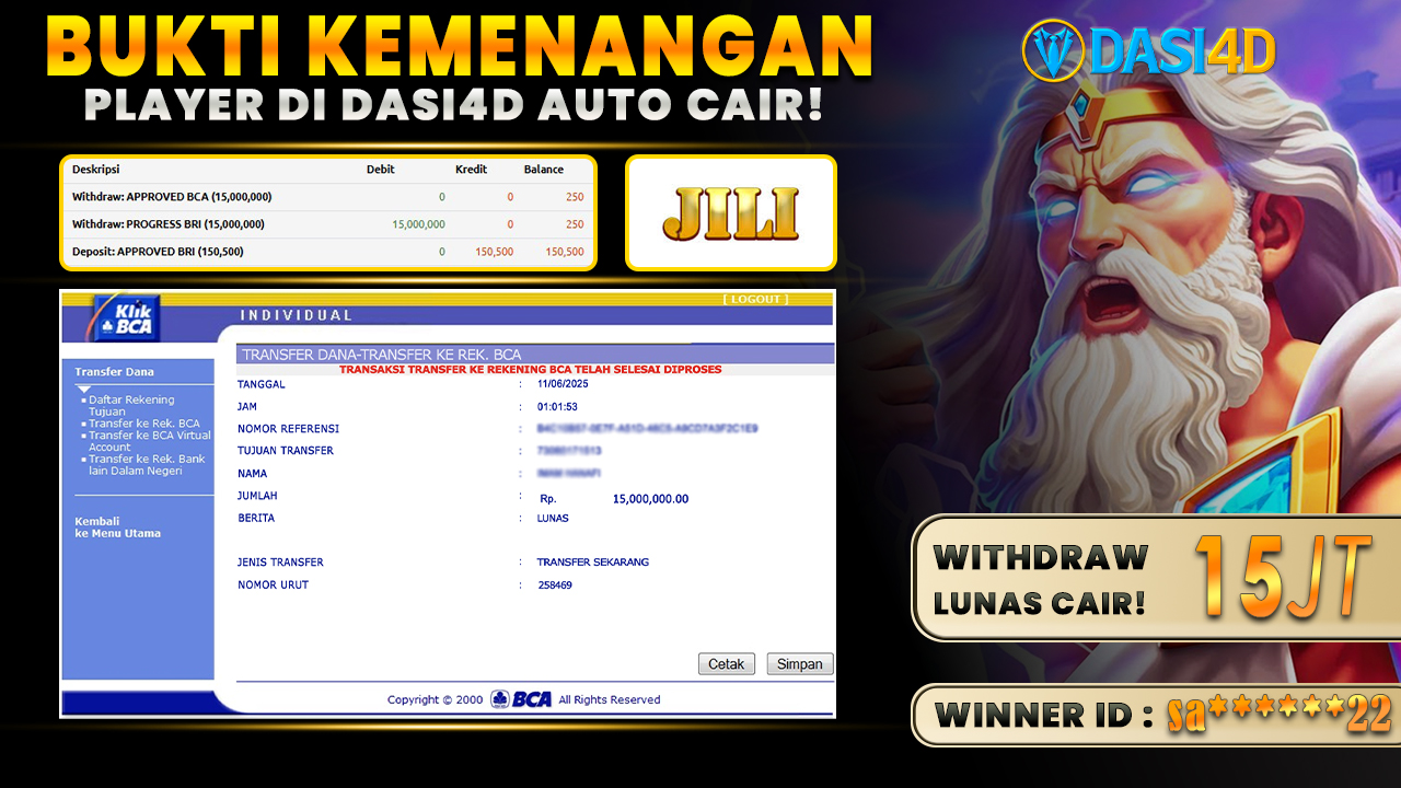 BUKTI KEMENANGAN 11 JUNI 2025 DI ZEUS WD 15 JUTA