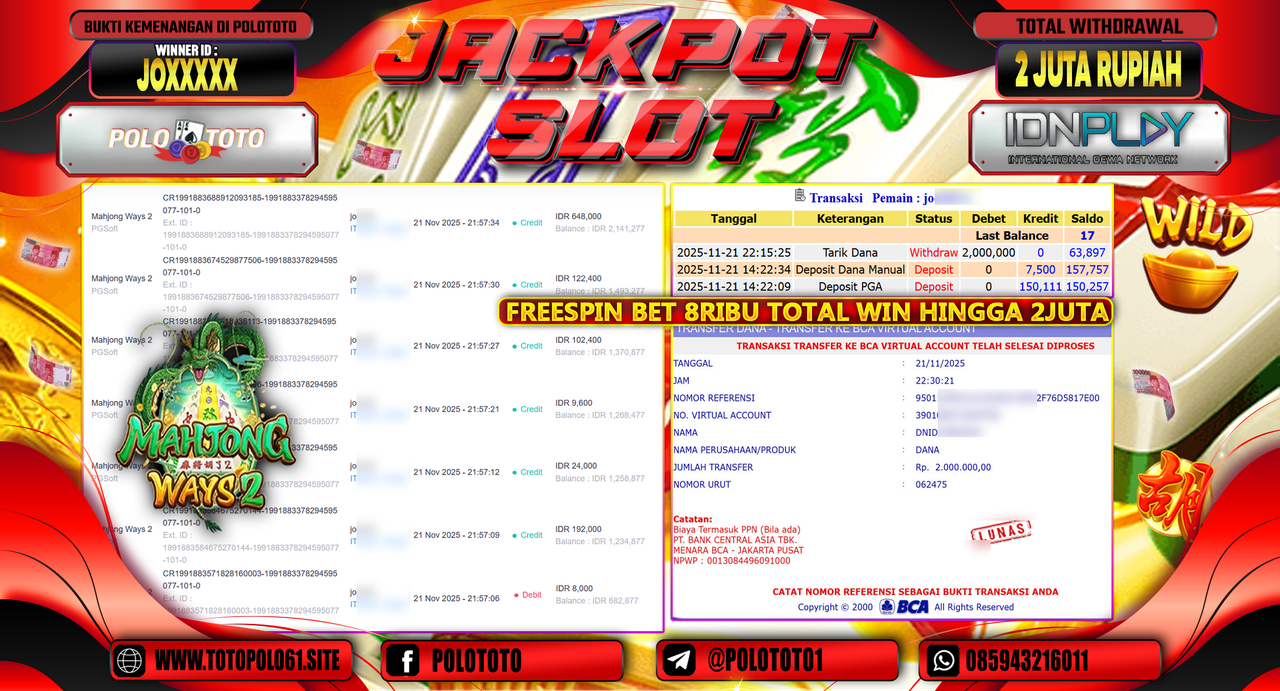 POLOTOTO JACKPOT SLOT MAHJONG WAYS 2 Rp.2.000.000,- LUNAS