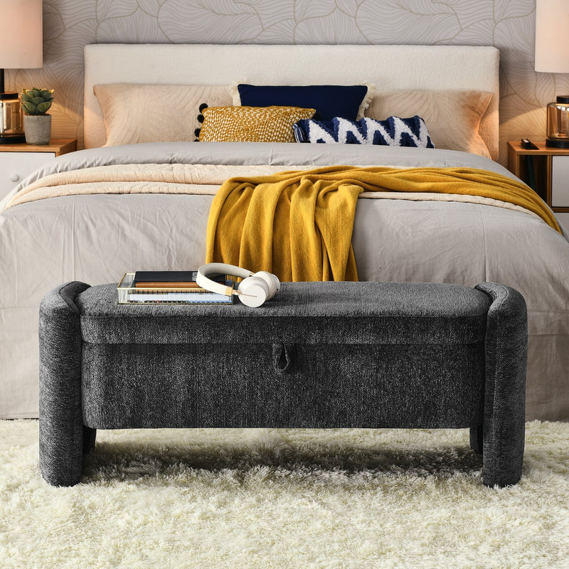 Gray Chenille Ottoman Oval Storage Bench for Living Room, Entryway & Bedroom - Picture 1 of 8