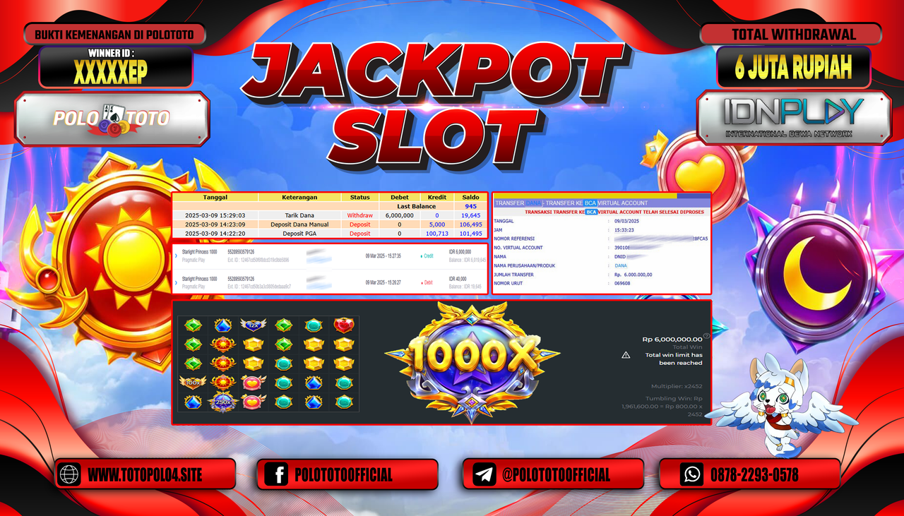 POLOTOTO JACKPOT SLOT STARLIGHT PRINCESS 1000 Rp.6.000.000,-