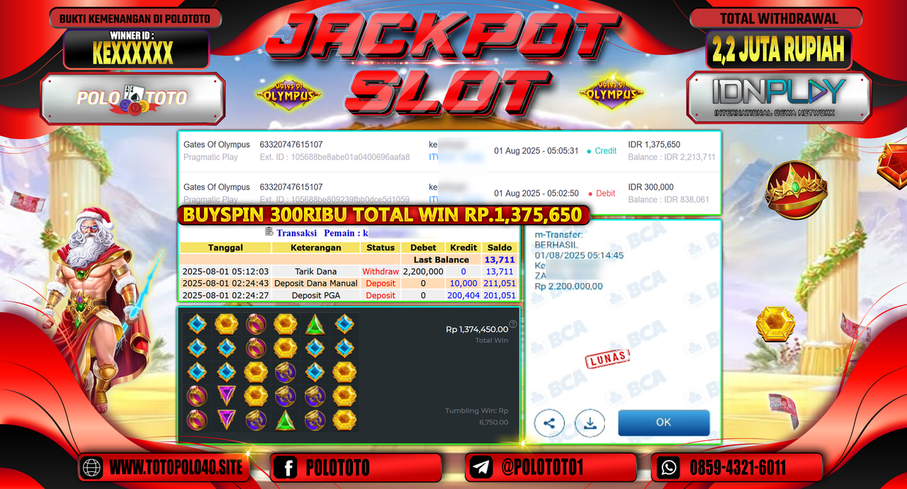 POLOTOTO JACKPOT SLOT GATES OF OLYMPUS Rp.2.200.000,-LUNAS