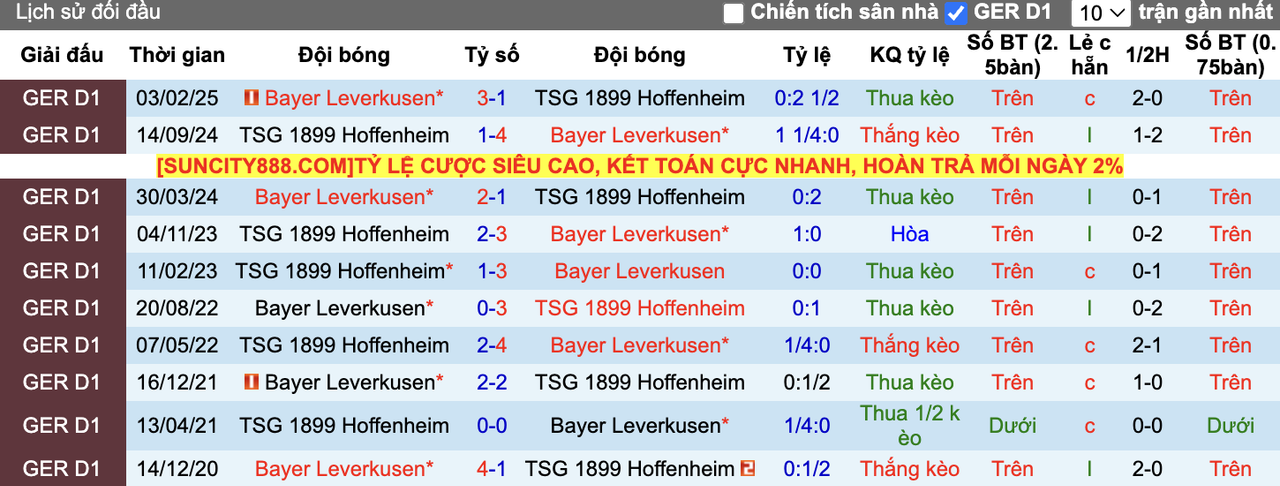 Thành tích đối đầu Leverkusen vs Hoffenheim