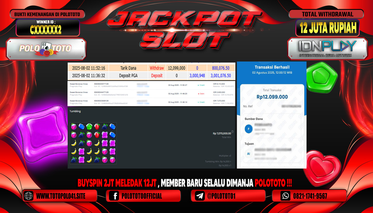 POLOTOTO JACKPOT SLOT SWEET BONANZA XMAS Rp.12.000.000,-LUNAS