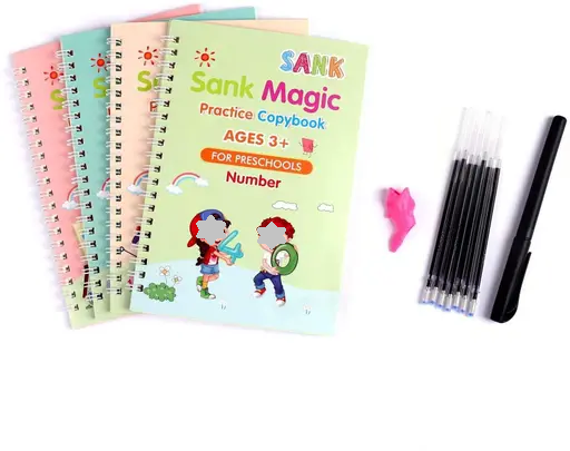 Magic Book (4 Book + 10 Refill + 1 Pen +1 Grip), Practice Copybook, Number Tracing Book for Preschoolers with Pen, Caligraphy early learning Set with Reusable Writing Refill Color 1 (T101)