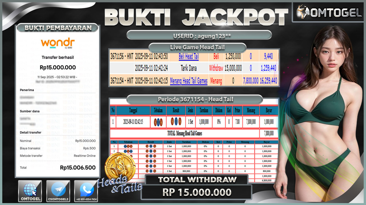 OMTOGEL JACKPOT LIVE GAMES HEAD TAIL 15 JUTA DI BAYAR LUNAS ,-