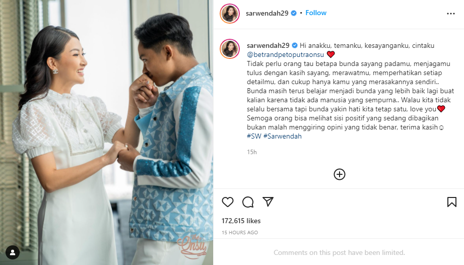 Sarwendah unggah foto bareng Betrand