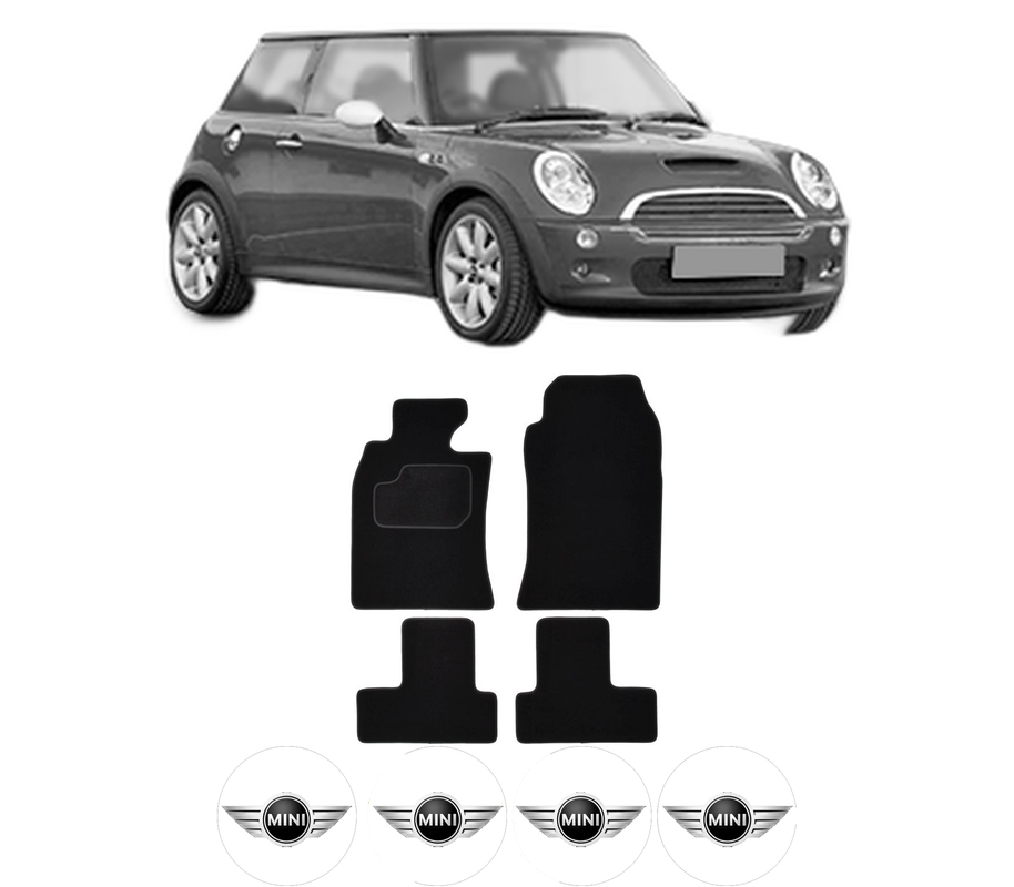 Set Covorase Presuri MINI MINI (R50, R53) din 2001-2006, Auto, Material Textil Mocheta, 4 Stickere auto cu MINI