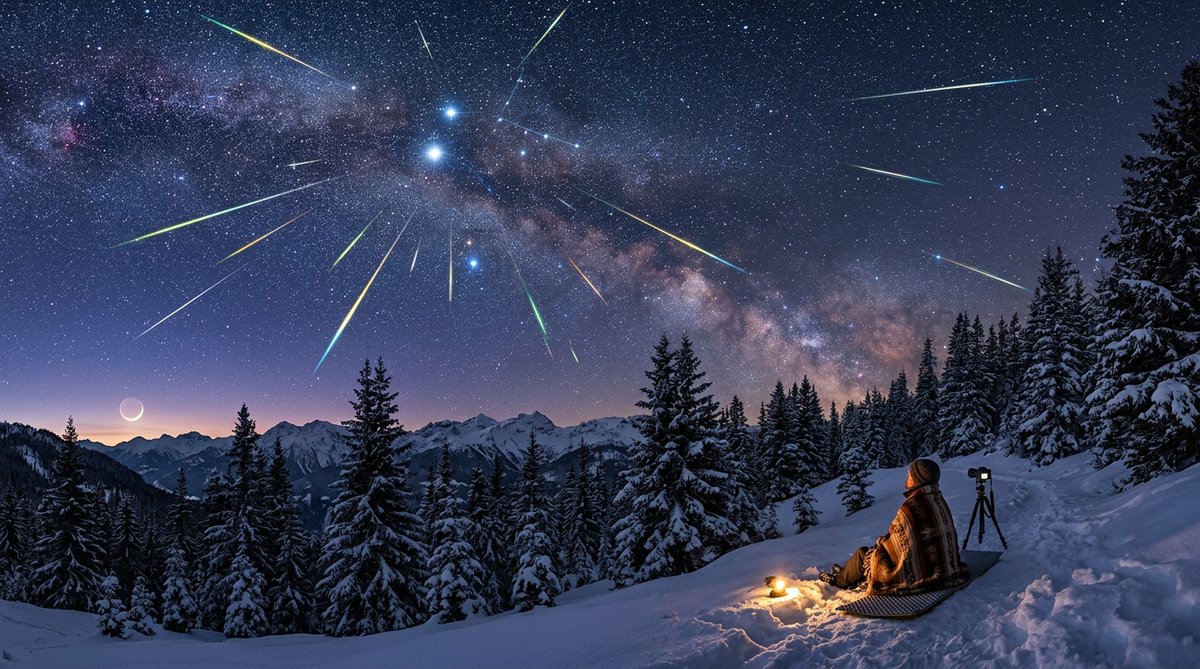 Geminid meteor shower 2026 meteors radiating from Gemini over a snowy forest with a crescent moon