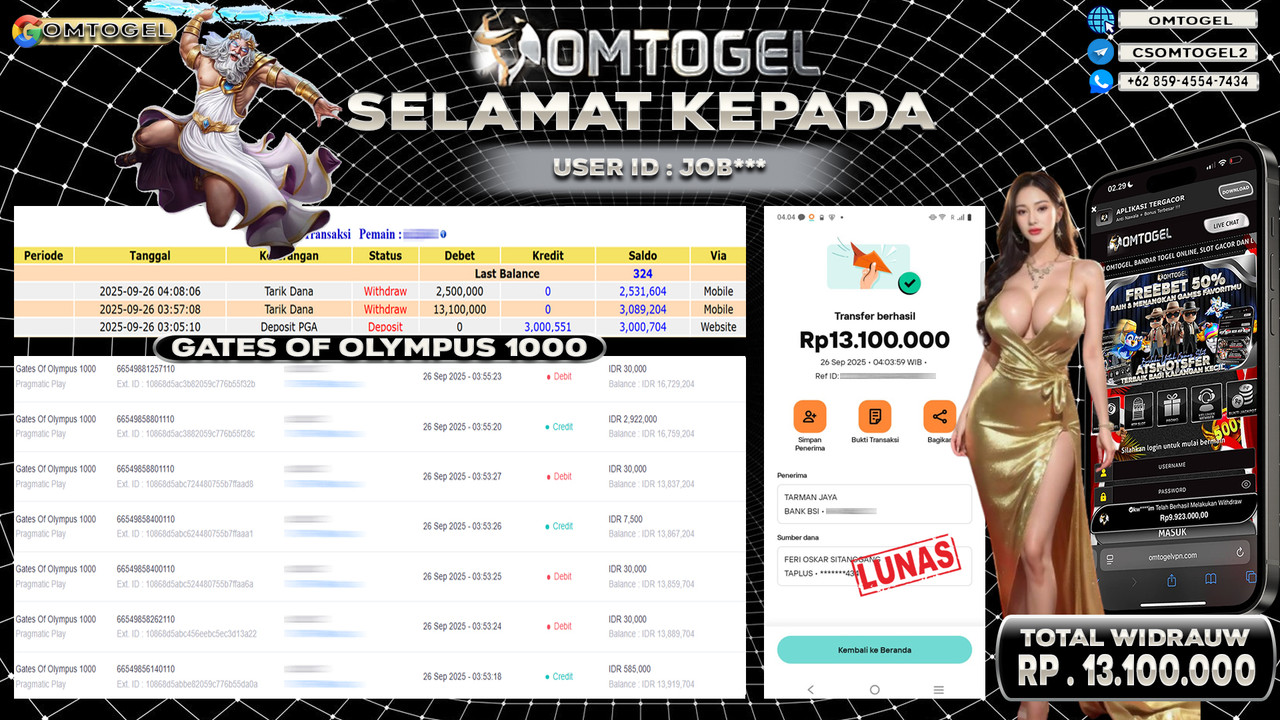 OMTOGEL JACKPOT PRAGMATIC PLAY GATES OF OLYMPUS 1000 13 JUTA DI BAYAR LUNAS ,-