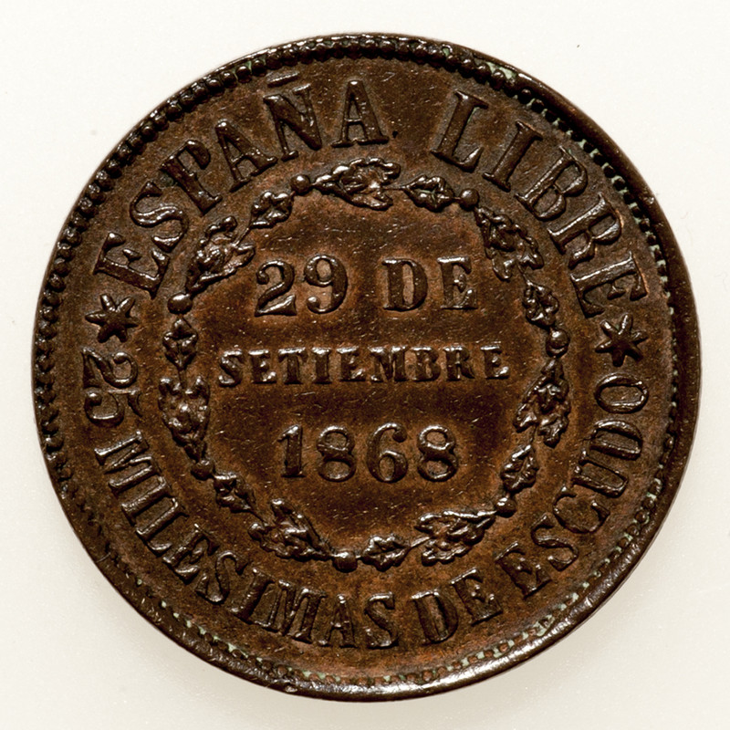 25 milésimas de escudo. Gobierno Provisional. Segovia 1868. Dedicada a 10 pfennig. PAS6356