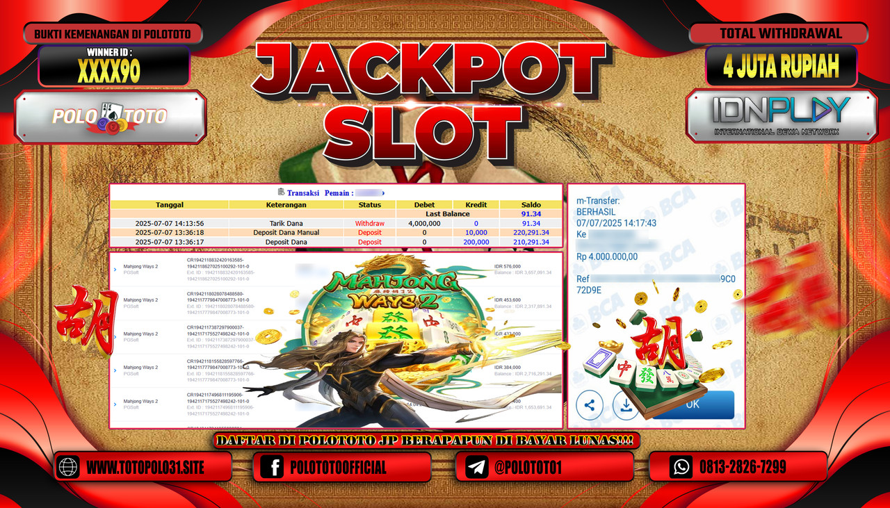 POLOTOTO JACKPOT SLOT MAHJONG WAYS 2 Rp.4.000.000,- LUNAS