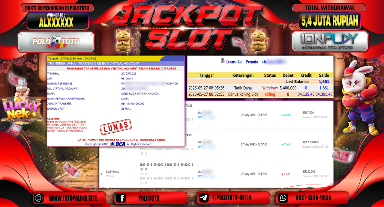 POLOTOTO JACKPOT SLOT LUCKY NEKO Rp.5.400.000,-