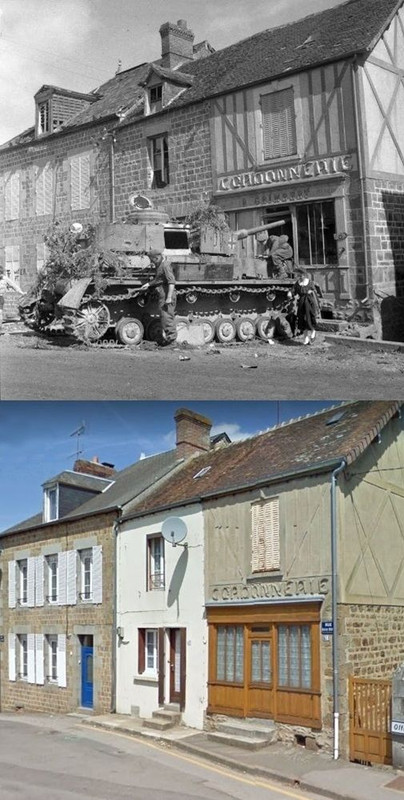 Photos avant-apres WWII - Page 26 Panzer-IV-allemand-qui-s-est-effondr-dans-une-vitrine-de-magasin-Putanges-en-France-en-ao-t-194