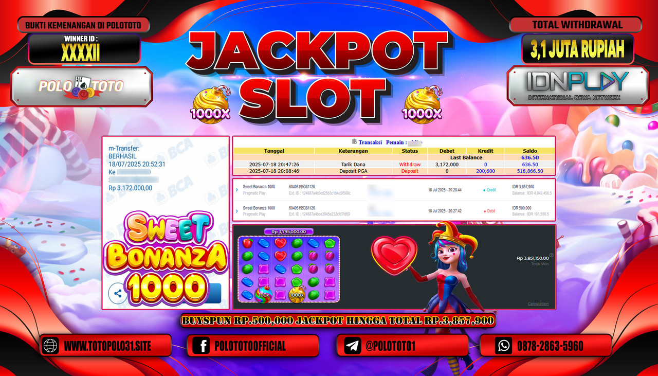 POLOTOTO JACKPOT SLOT SWEET BONANZA 1000 Rp.3.100.000,- LUNAS