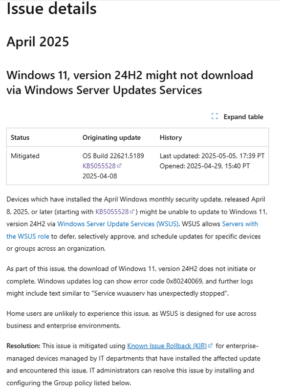 WSUS: Windows 11 23H2-Upgrade Fehler 0x80240069 durch April 2025-Update beseitigt