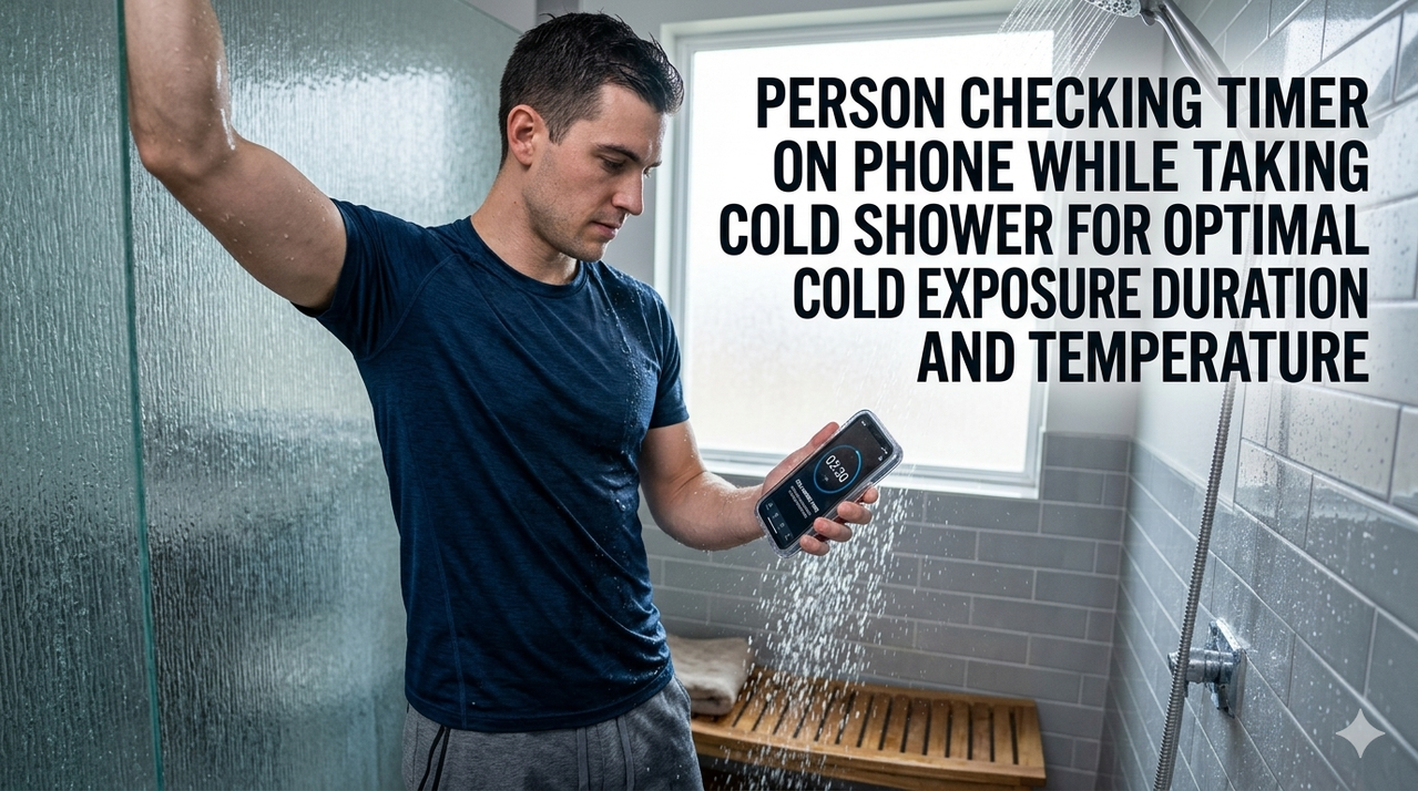 Person checking timer on phone while taking cold shower for optimal cold exposure duration and temperature for recovery benefits