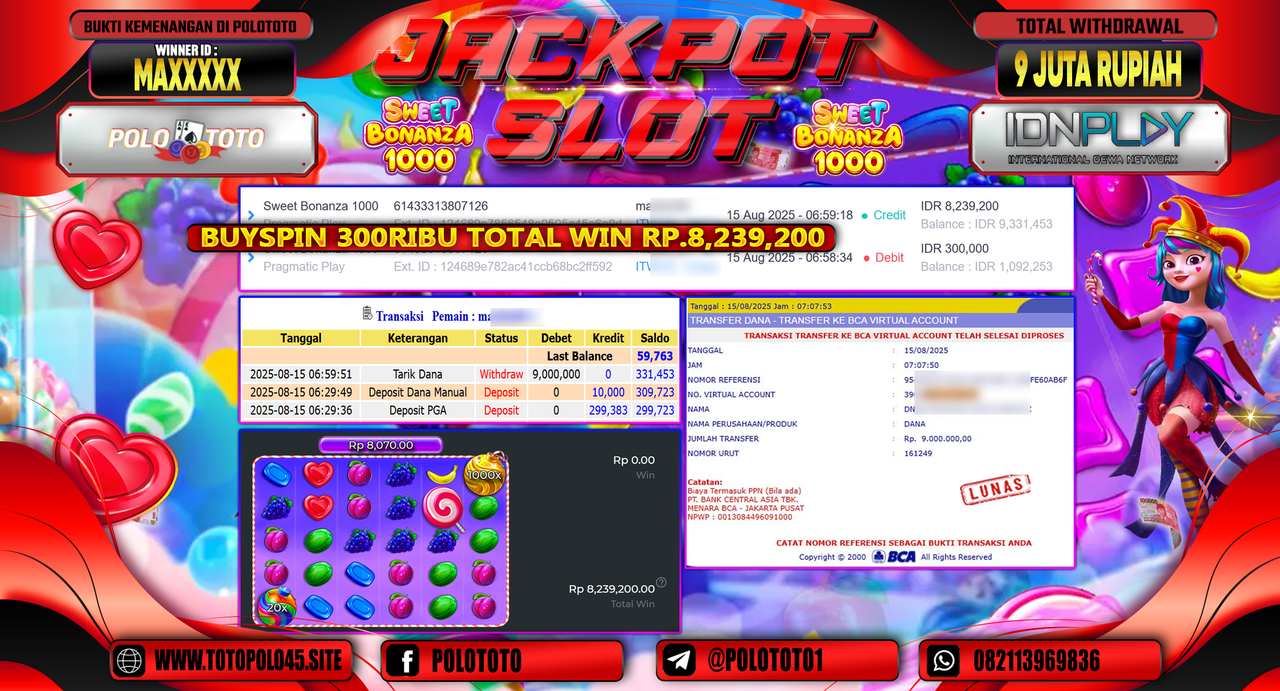 POLOTOTO JACKPOT SLOT SWEET BONANZA 1000 Rp.9.000.000,-LUNAS