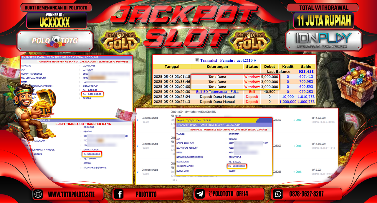 POLOTOTO JACKPOT SLOT GEMSTONES GOLD Rp.11.000.000,-