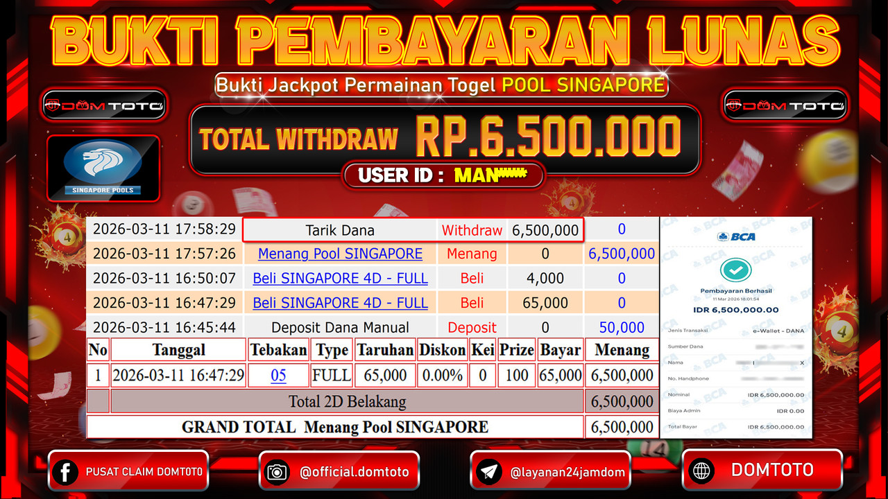 JACKPOT TOGEL Pool SINGAPORE 11 MARET 2026