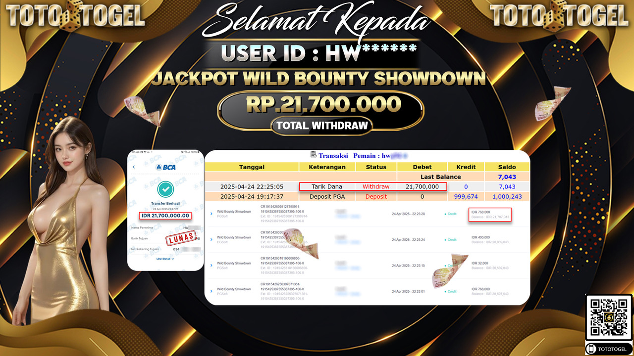 Bukti Pembayaran Jackpot  Permainan Slot Wild Bounty Showdown ID:HW***** LUNAS