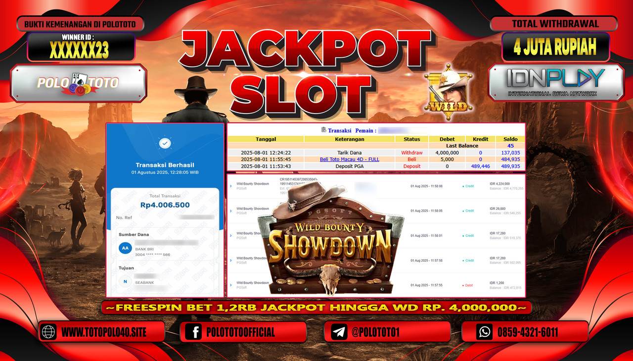 POLOTOTO JACKPOT SLOT WILD BOUNTY SHOWDOWN Rp.4.000.000,-LUNAS