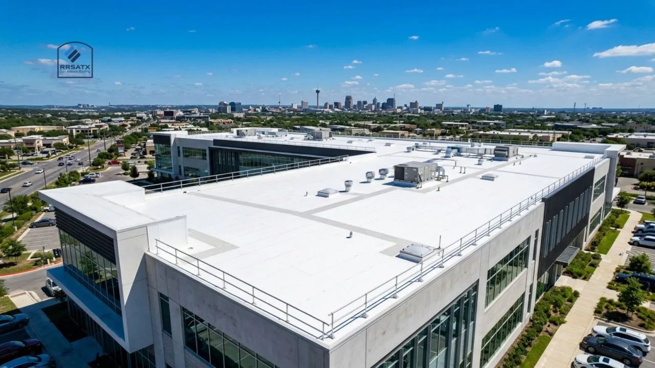 TPO flat roof membrane on a San Antonio commercial building