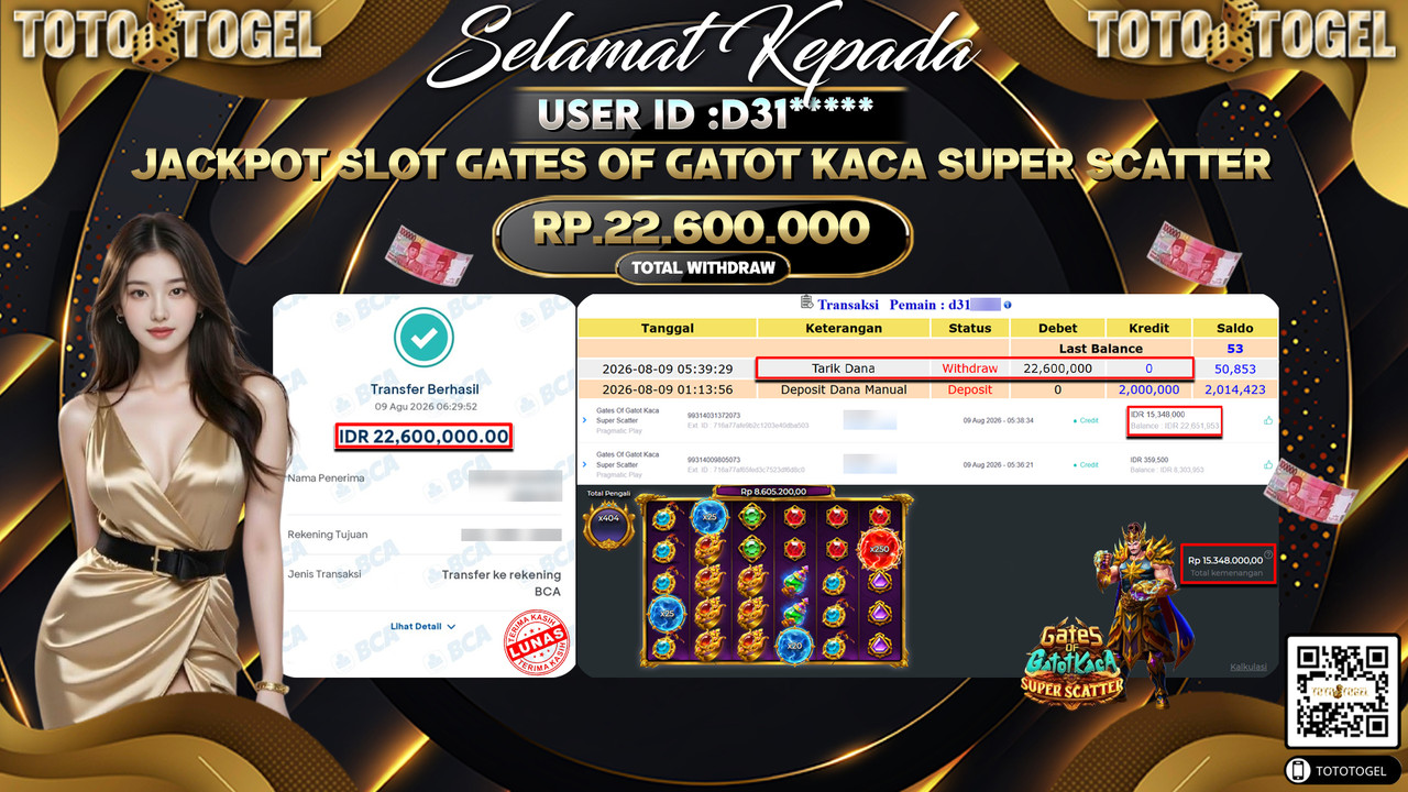 Bukti Pembayaran Jackpot SLOT GATES OF GATOT KACA SUPER SCATTER ID:D31**** LUNAS