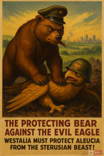1er phrase : “L’ours protecteur contre l’aigle maléfique”<br>2ème phrase : “Westalia doit protéger l’Aleucie de la bête stérusienne !”<br>“L’ours protecteur”, affiche de campagne de l’Alliance Asfortienne, publiée en mars 2017.<br>