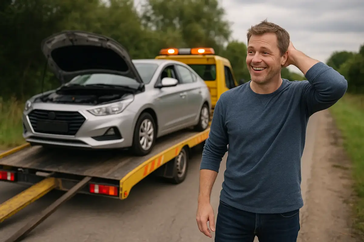 Car being towed away from a breakdown scene, driver looking relieved