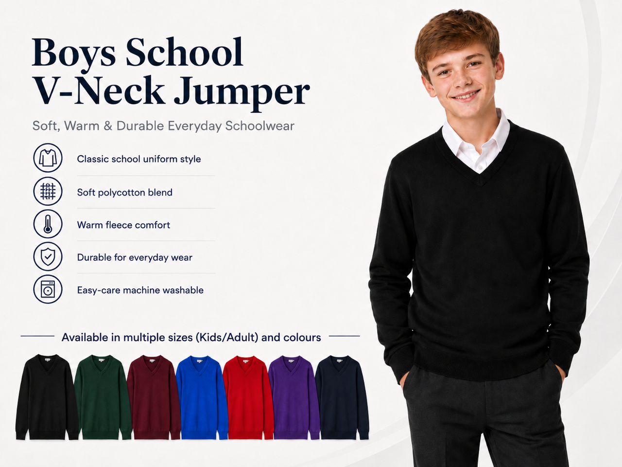 Boys School V-Neck Jumper - Available in multiple sizes and colours