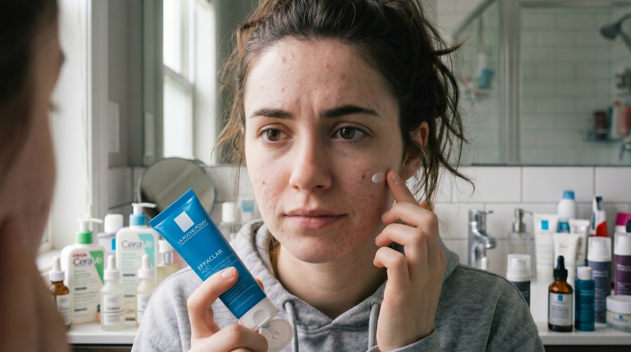 Applying skincare routine