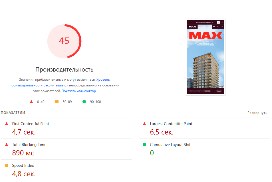 Показатели скорости загрузки и технические ошибки