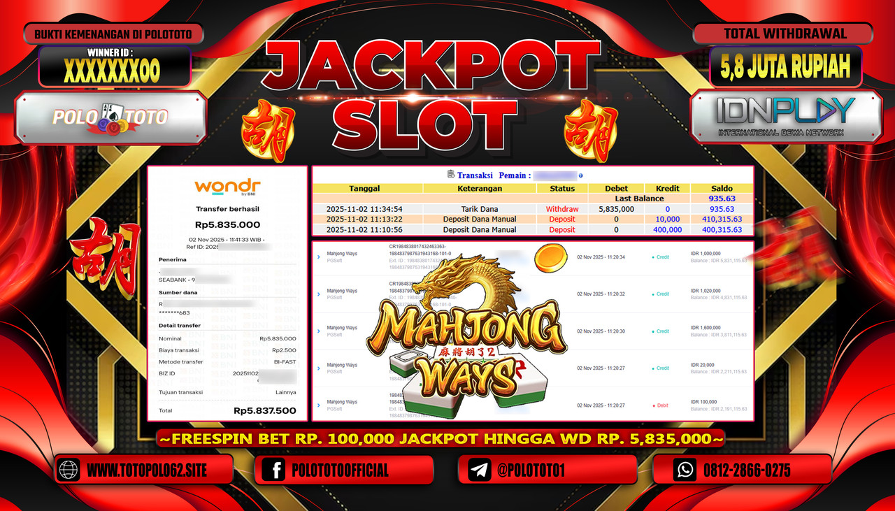 POLOTOTO JACKPOT SLOT MAHJONG WAYS Rp.5.800.000,- LUNAS