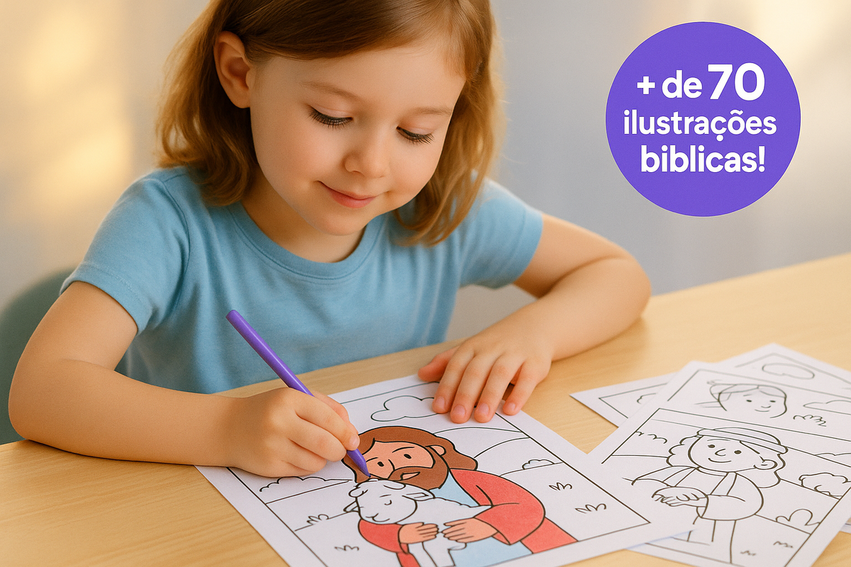 Família reunida colorindo um desenho bíblico