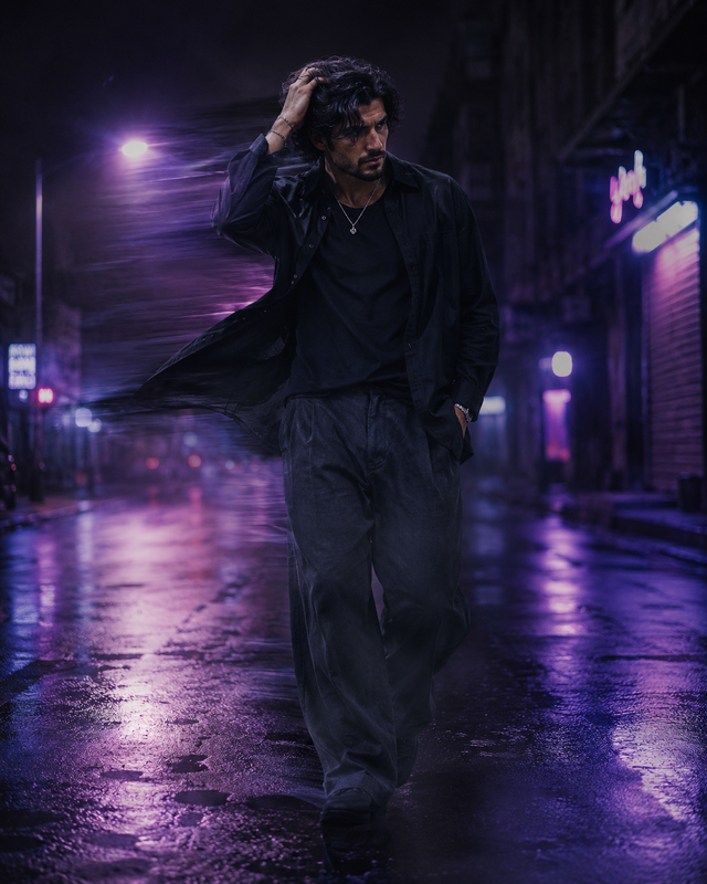 Example result for: Neon Night Walk: Purple-Blue Street Style Portrait Prompt