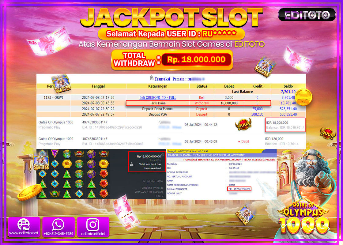 JACKPOT  SLOT EDITOTO GATES OF OLYMPUS 1000 Rp.18.000.000.,- LUNAS