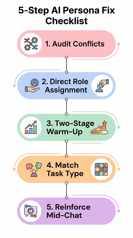 5-step AI persona prompt fix checklist for persona drift and instruction failure