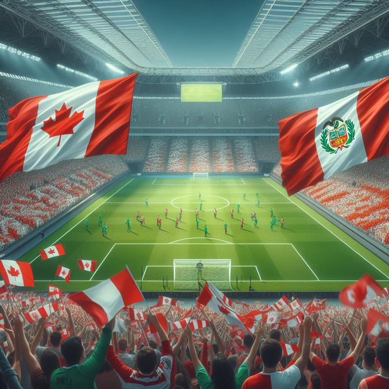 Peru and Canada fans wave flags in football stadium