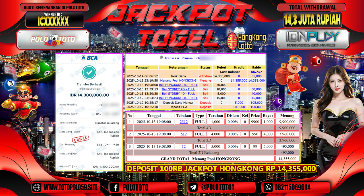 POLOTOTO JACKPOT TOGEL HONGKONG LOTTO Rp.14.300.000,- LUNAS