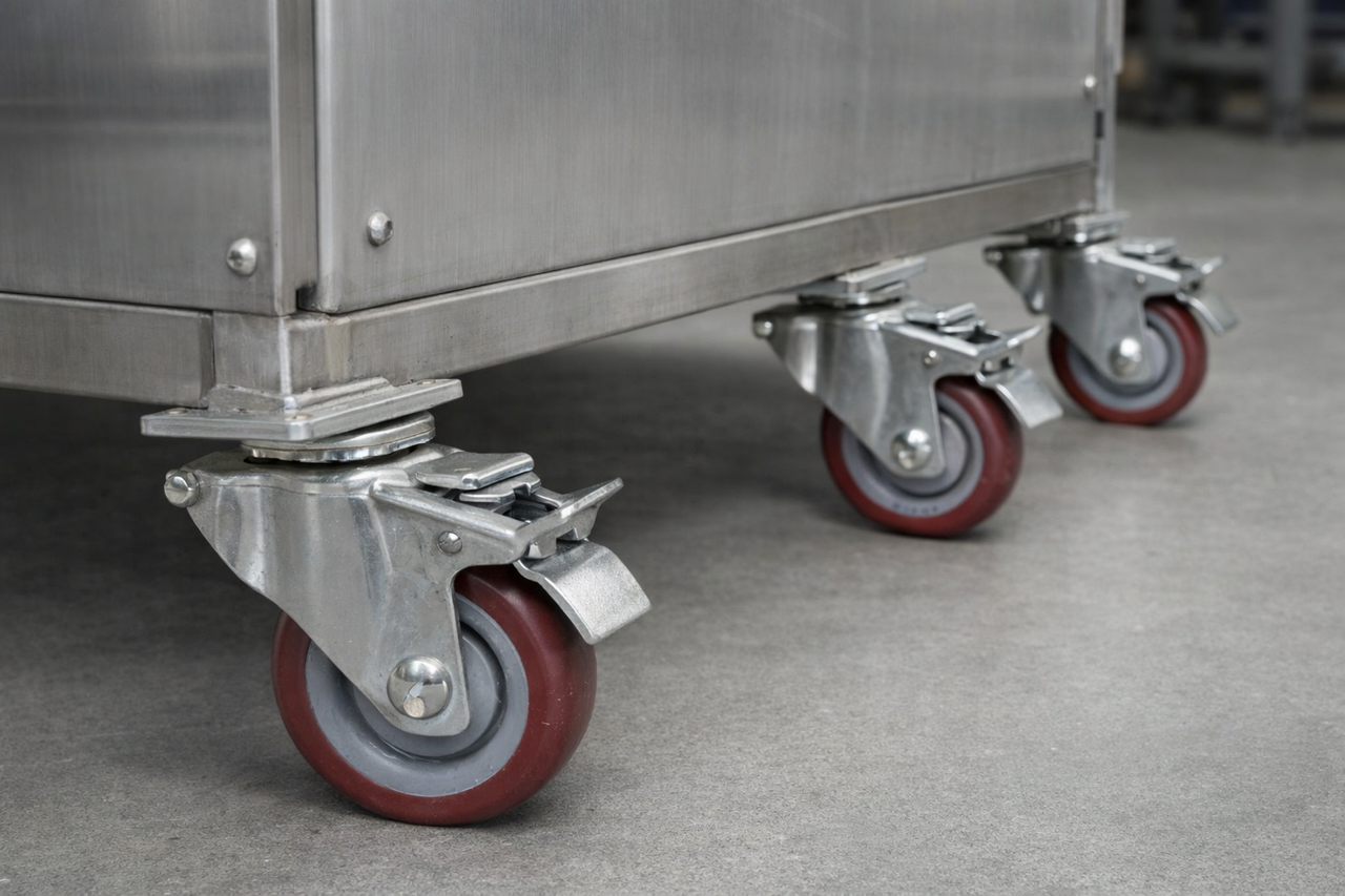 Total lock caster securing industrial equipment