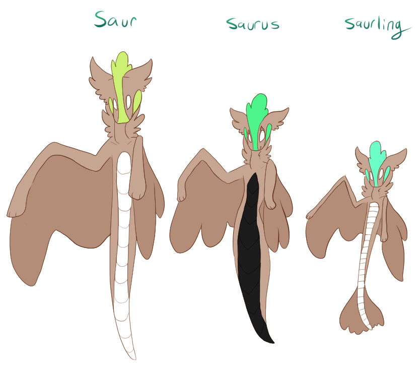 The three default Pterrur morphs: saur, saurus, and saurling
