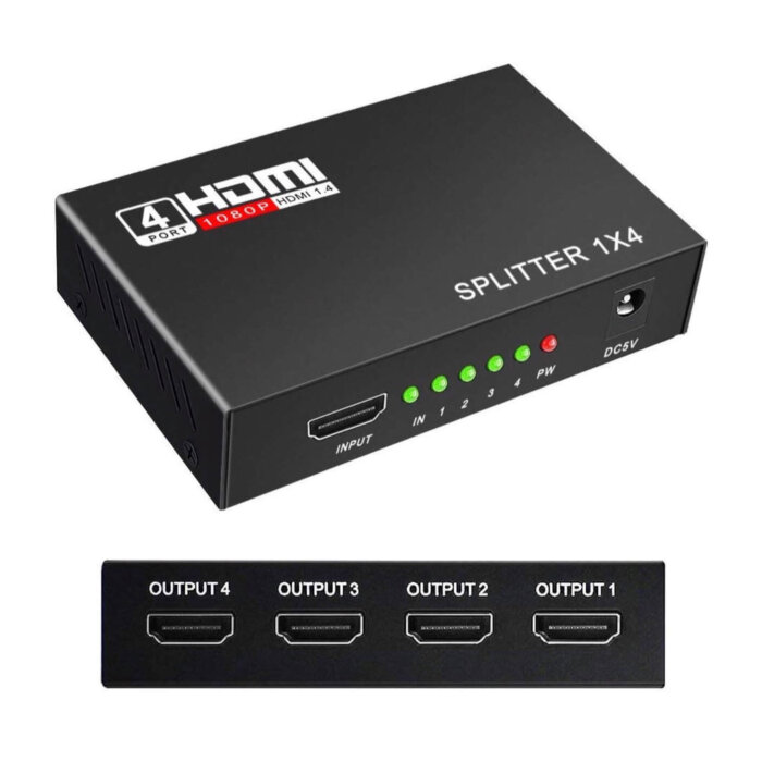 Splitter HDMI 1x4 que muestra una entrada y cuatro salidas.