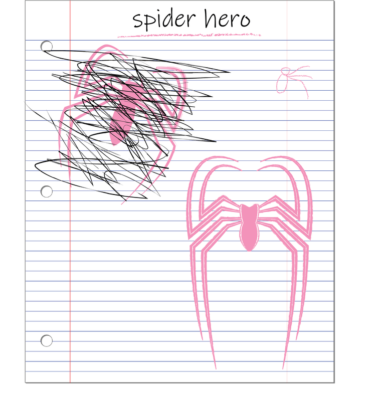 A notebook sheet of paper titled 'spider hero.' An unfinished pink spider is crudely drawn beside a scribbled out spider symbol. Another pink spider symbol is visible prominently and uncovered.