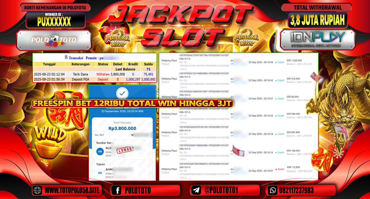 POLOTOTO JACKPOT SLOT MAHJONG WAYS Rp.3.800.000,-
