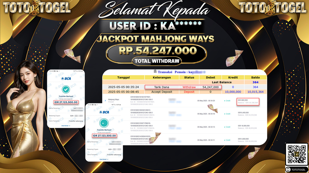 Bukti Pembayaran Jackpot  Permainan Slot Mahjong Ways ID:KA***** LUNAS