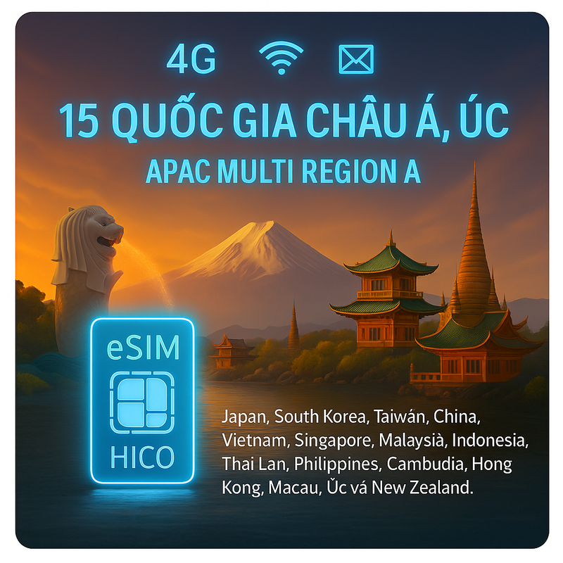 eSIM Du Lịch 15 Quốc Gia Châu Á - Úc HICO APAC Multi Region A