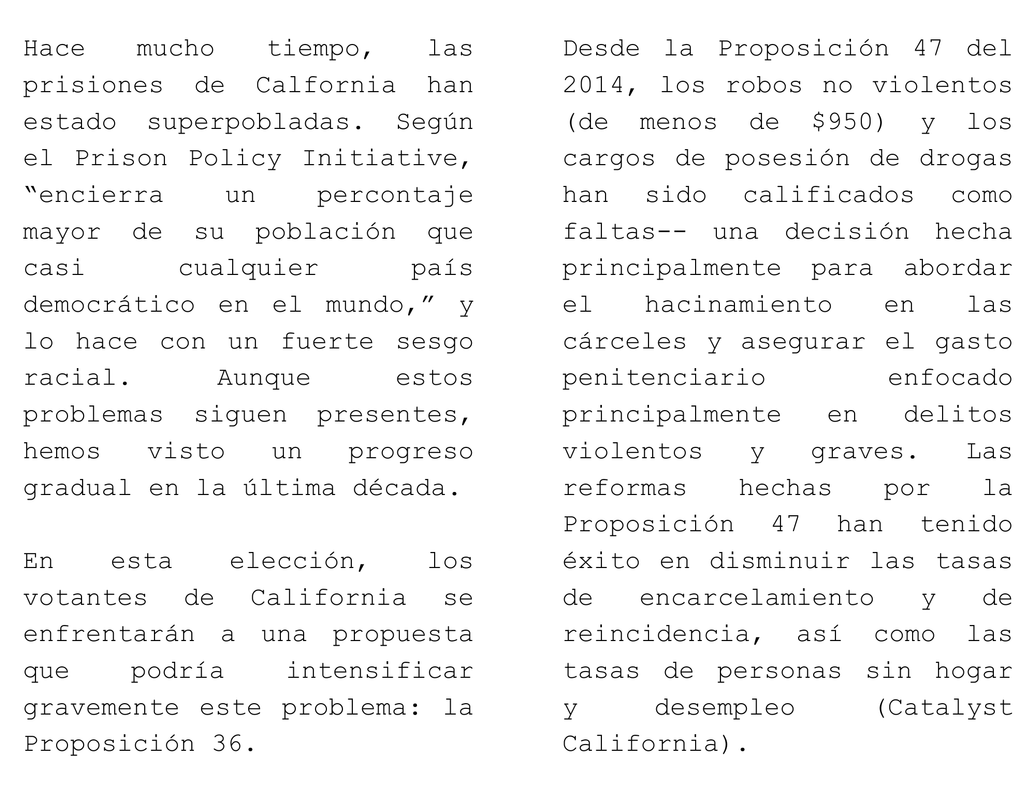 La primera y segunda página de una zine titulado 'PROP 36 “La Estafa de Gastos Penetenciarios”'.