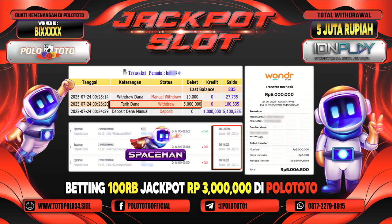 POLOTOTO JACKPOT SLOT SPACEMAN Rp.5.000.000,-