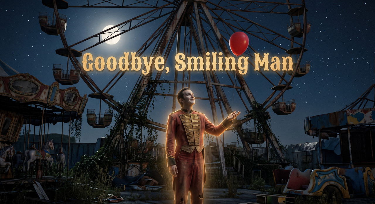 The Smiling Man stands at a carnival under moonlight, releasing a red balloon into the sky, his once terrifying smile now peaceful and human.