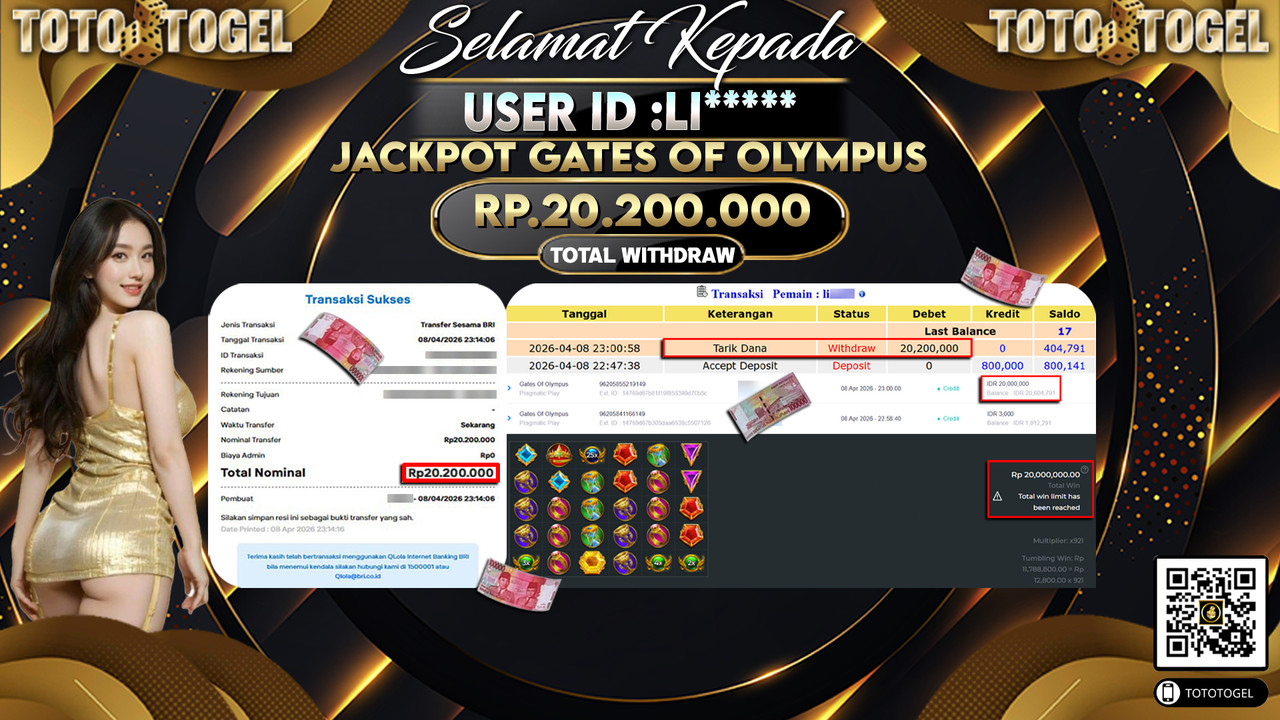 Bukti Pembayaran Jackpot Permainan Slot Gates Of Olympus ID:LI*****LUNAS